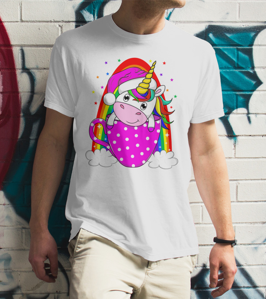 Unicorn Rainbow Santa In Pink Polka Dot Cup T-Shirt