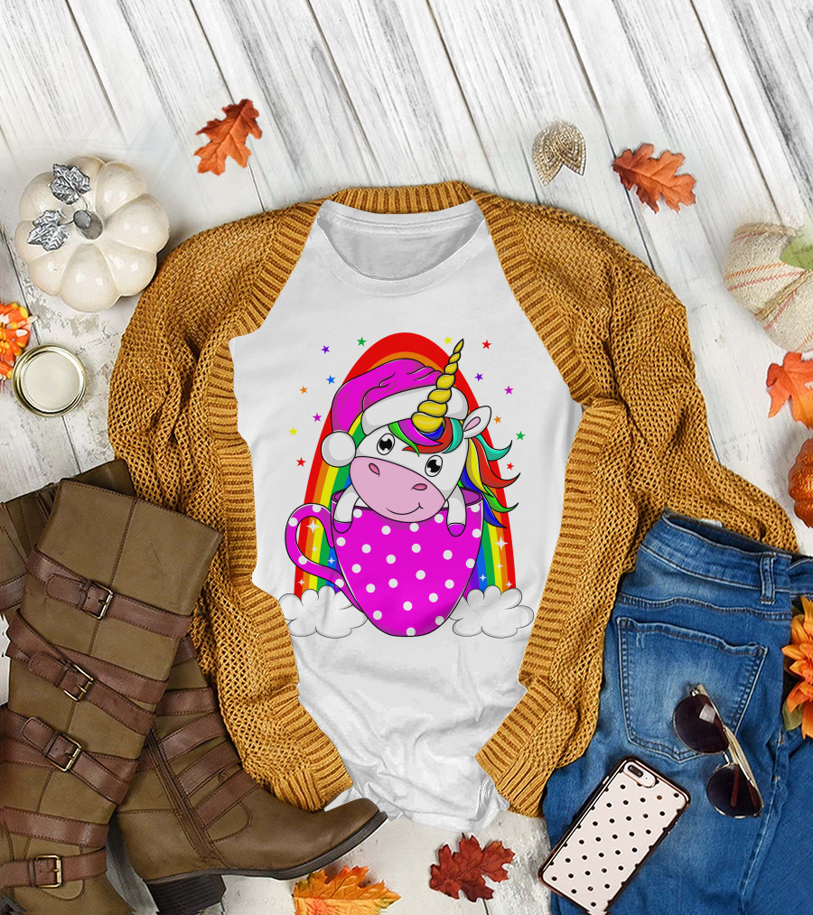 Unicorn Rainbow Santa In Pink Polka Dot Cup T-Shirt