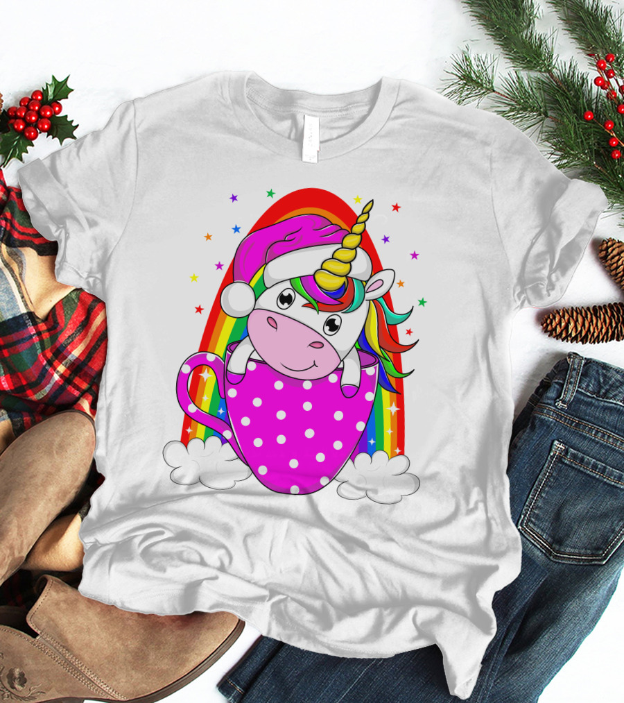 Unicorn Rainbow Santa In Pink Polka Dot Cup T-Shirt