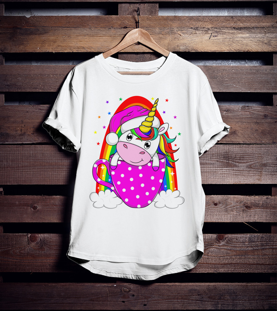 Unicorn Rainbow Santa In Pink Polka Dot Cup T-Shirt