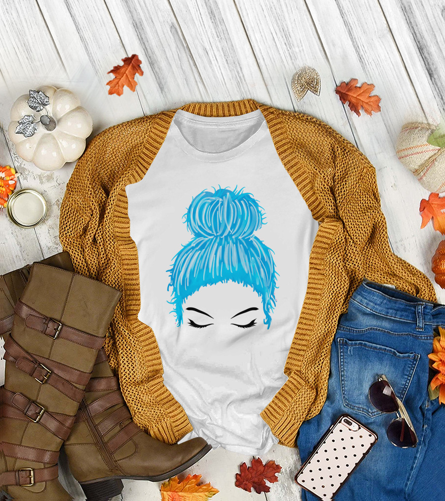 Messy Bun Blue Hair Momlife Trendy Hairstyle Sketch T-Shirt