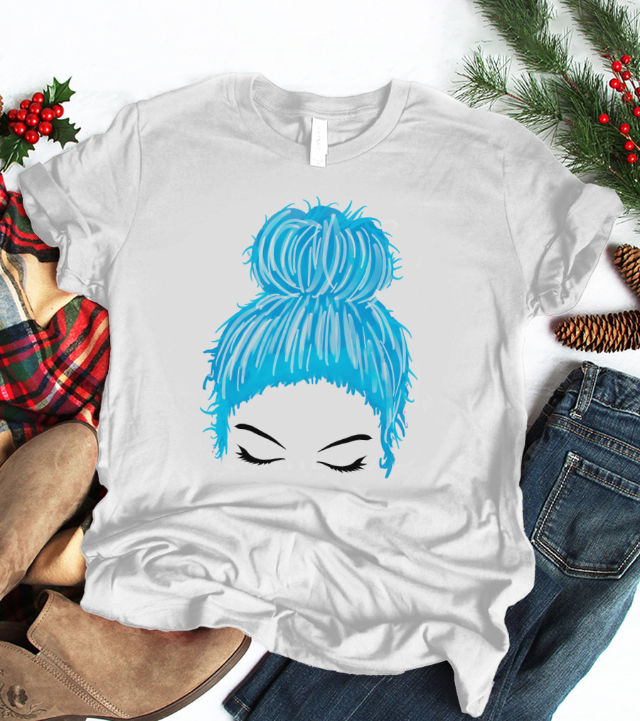 Messy Bun Blue Hair Momlife Trendy Hairstyle Sketch T-Shirt