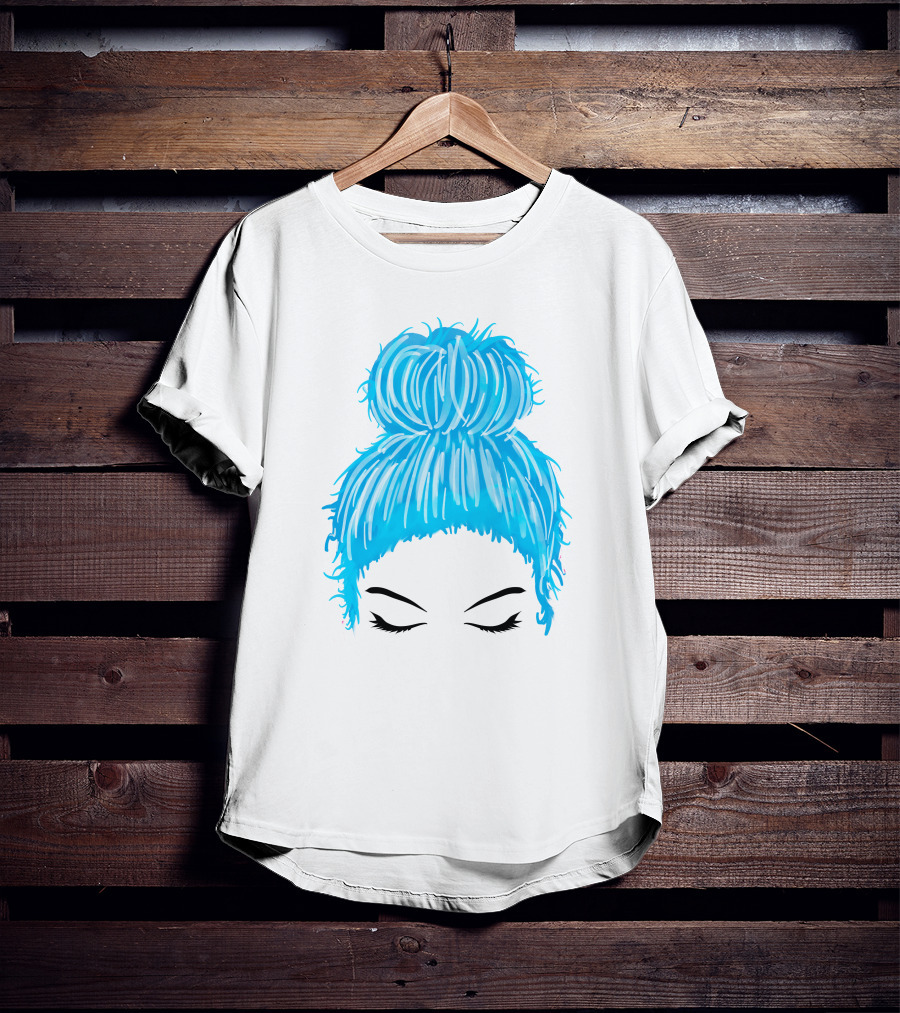 Messy Bun Blue Hair Momlife Trendy Hairstyle Sketch T-Shirt