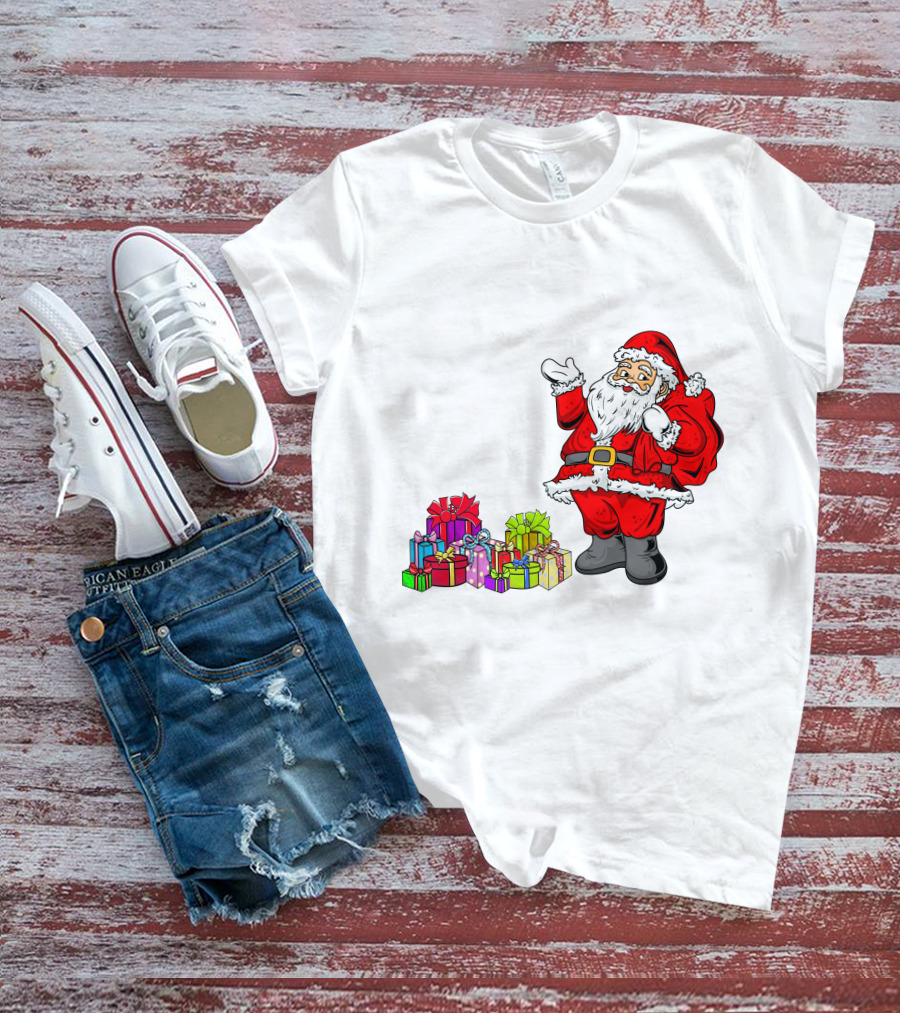 Santa Claus Joyfully Delivering Colorful Presents T-Shirt