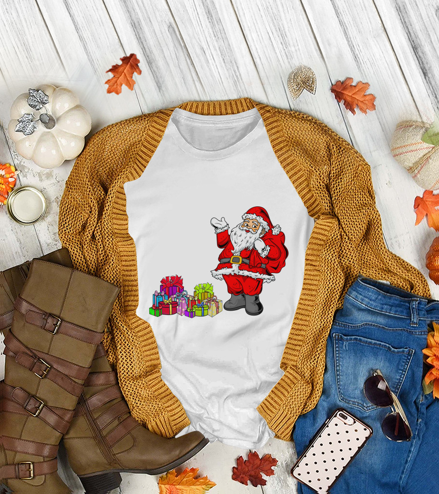 Santa Claus Joyfully Delivering Colorful Presents T-Shirt
