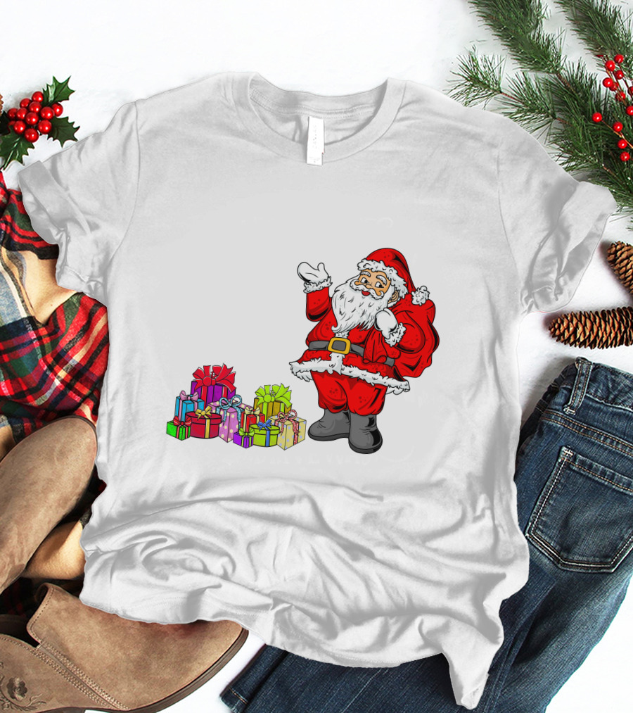 Santa Claus Joyfully Delivering Colorful Presents T-Shirt