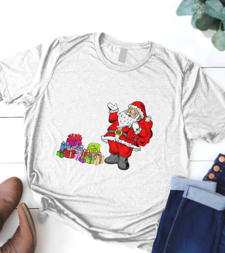 Santa Claus Joyfully Delivering Colorful Presents T-Shirt