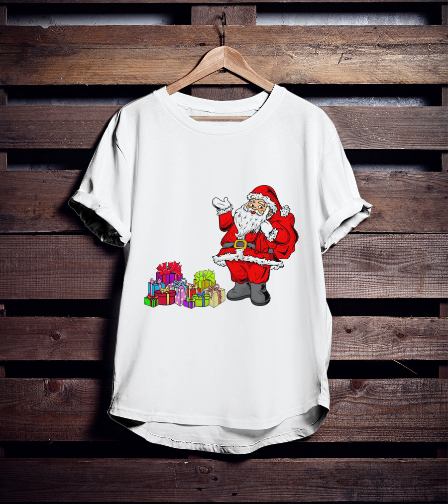 Santa Claus Joyfully Delivering Colorful Presents T-Shirt