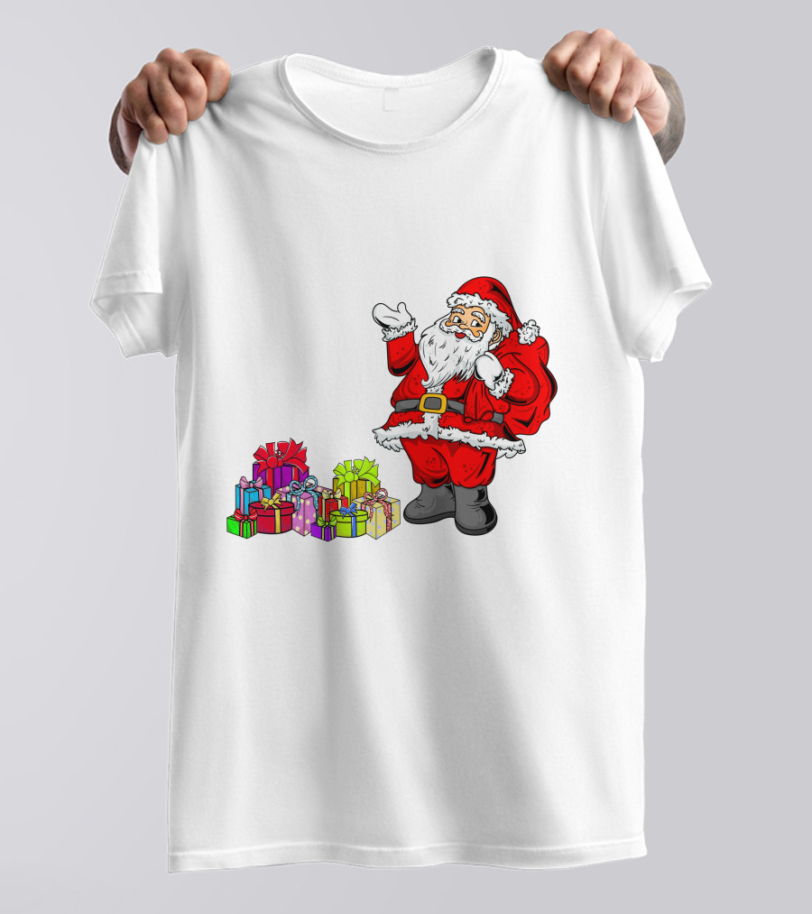 Santa Claus Joyfully Delivering Colorful Presents T-Shirt
