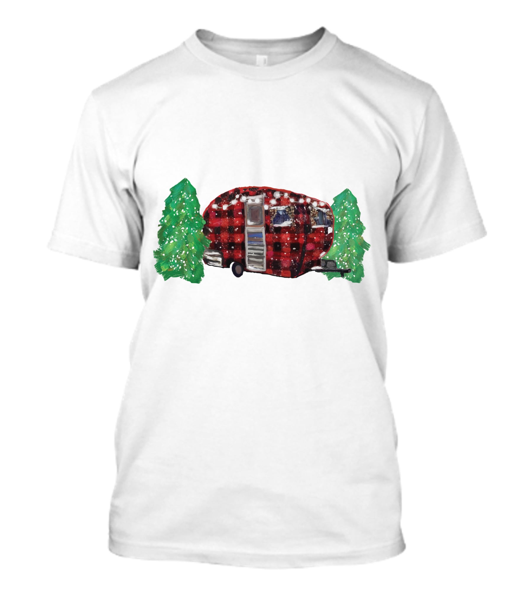 Watercolor Christmas Buffalo Plaid Camper With Trees T-Shirt