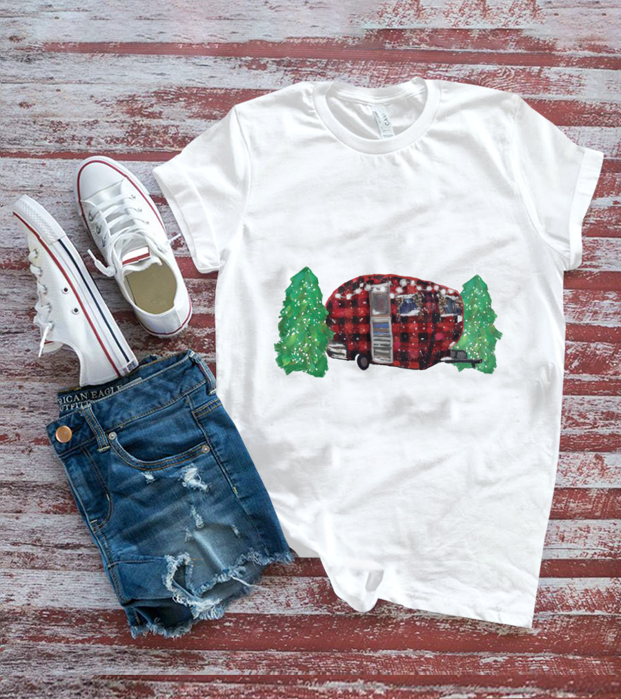 Watercolor Christmas Buffalo Plaid Camper With Trees T-Shirt