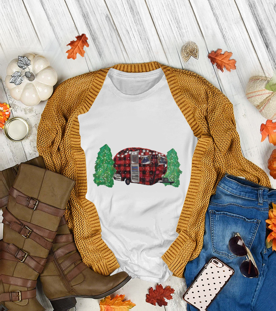 Watercolor Christmas Buffalo Plaid Camper With Trees T-Shirt