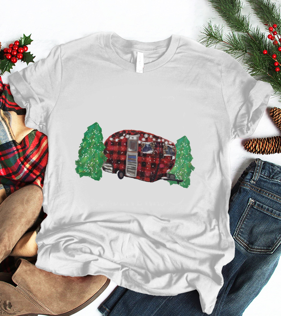 Watercolor Christmas Buffalo Plaid Camper With Trees T-Shirt
