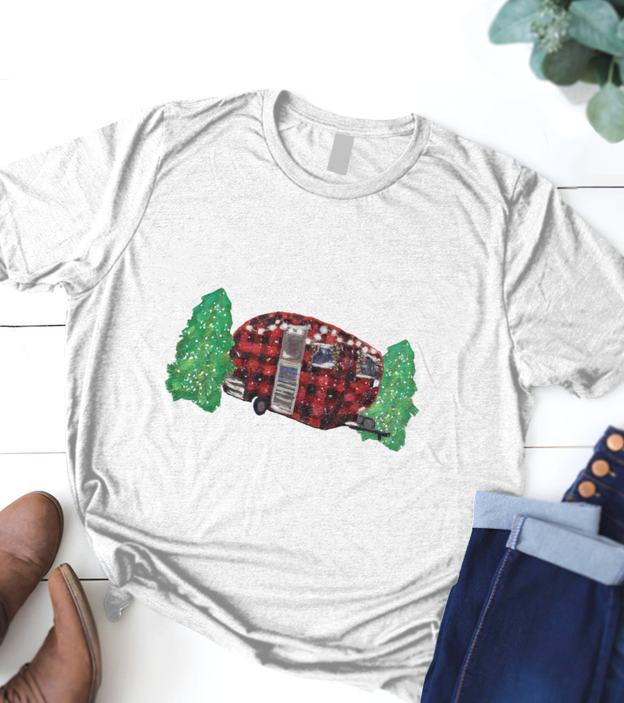 Watercolor Christmas Buffalo Plaid Camper With Trees T-Shirt