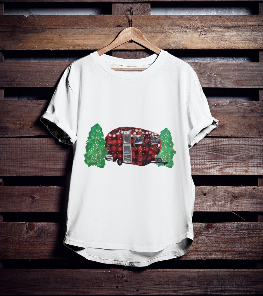 Watercolor Christmas Buffalo Plaid Camper With Trees T-Shirt