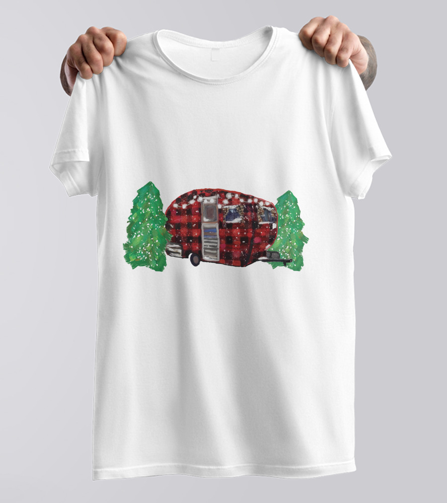Watercolor Christmas Buffalo Plaid Camper With Trees T-Shirt