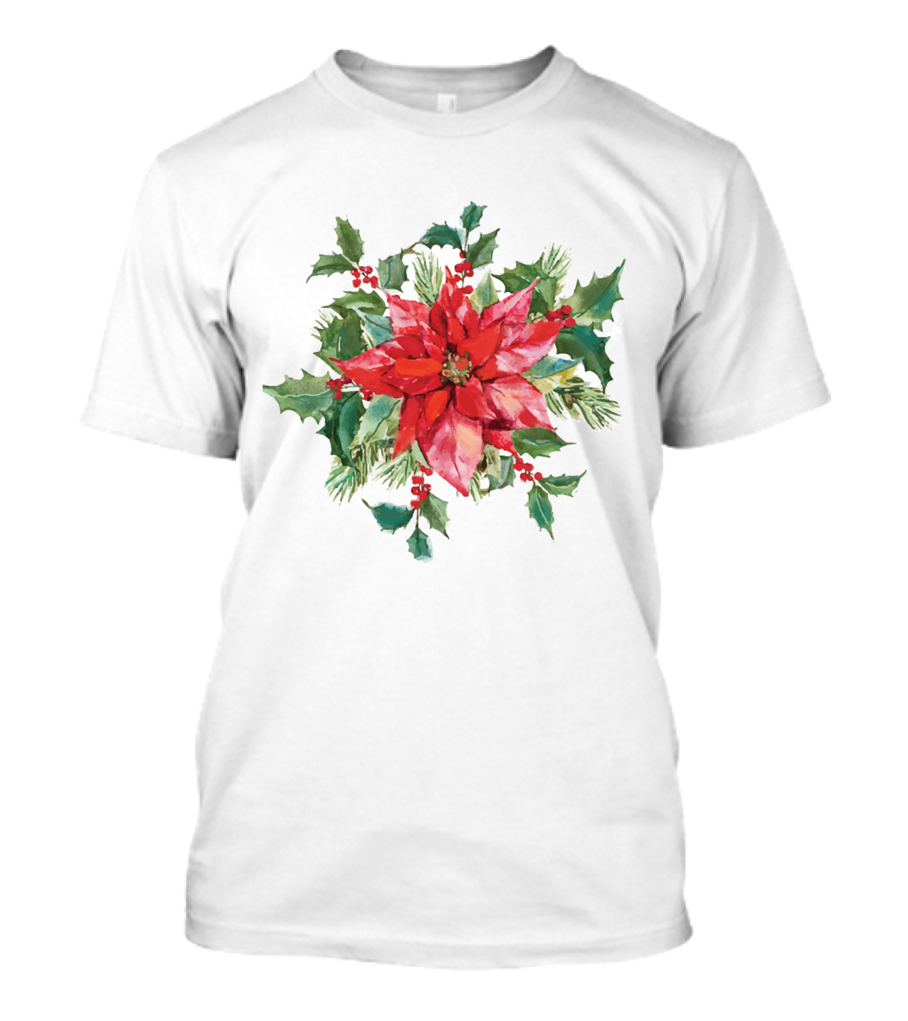 Watercolor Christmas Poinsettia With Holly Leaves And Berries T-Shirt