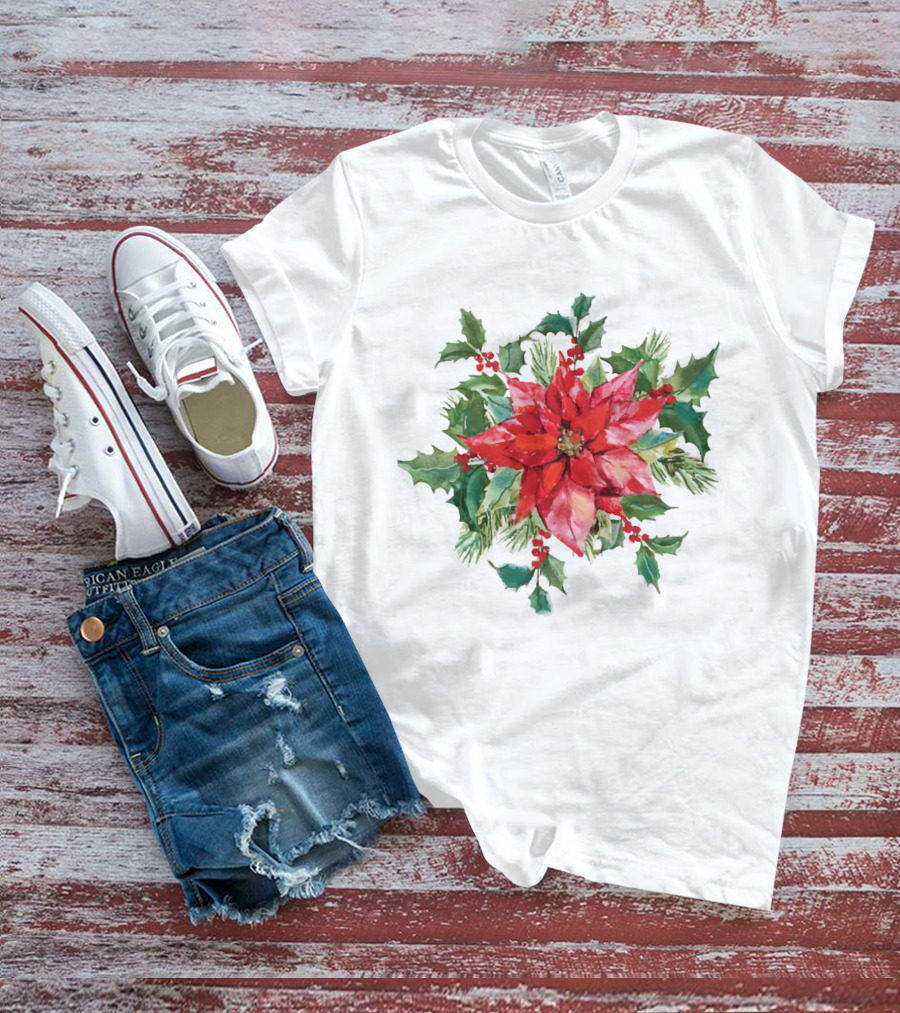 Watercolor Christmas Poinsettia With Holly Leaves And Berries T-Shirt