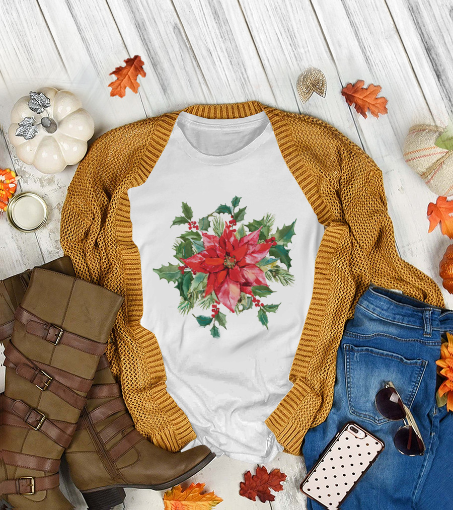 Watercolor Christmas Poinsettia With Holly Leaves And Berries T-Shirt