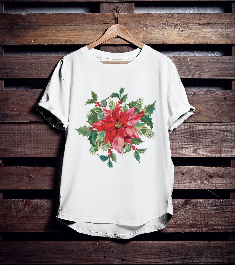 Watercolor Christmas Poinsettia With Holly Leaves And Berries T-Shirt