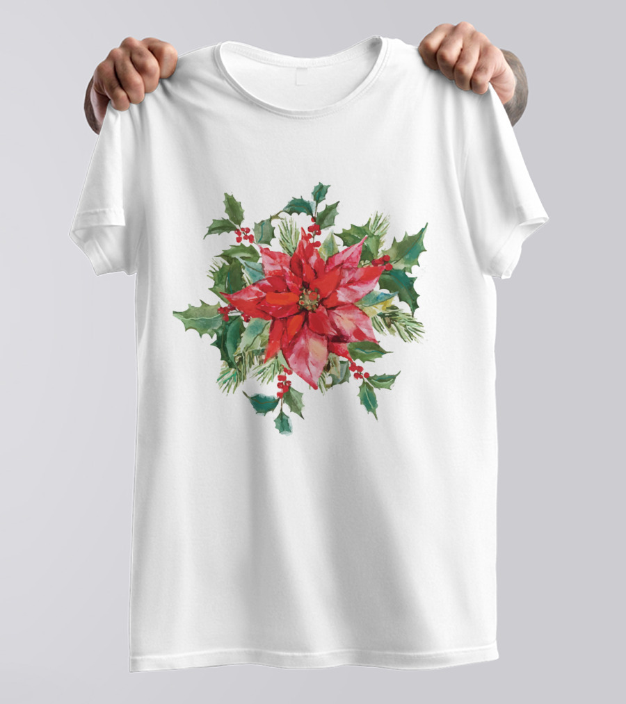 Watercolor Christmas Poinsettia With Holly Leaves And Berries T-Shirt