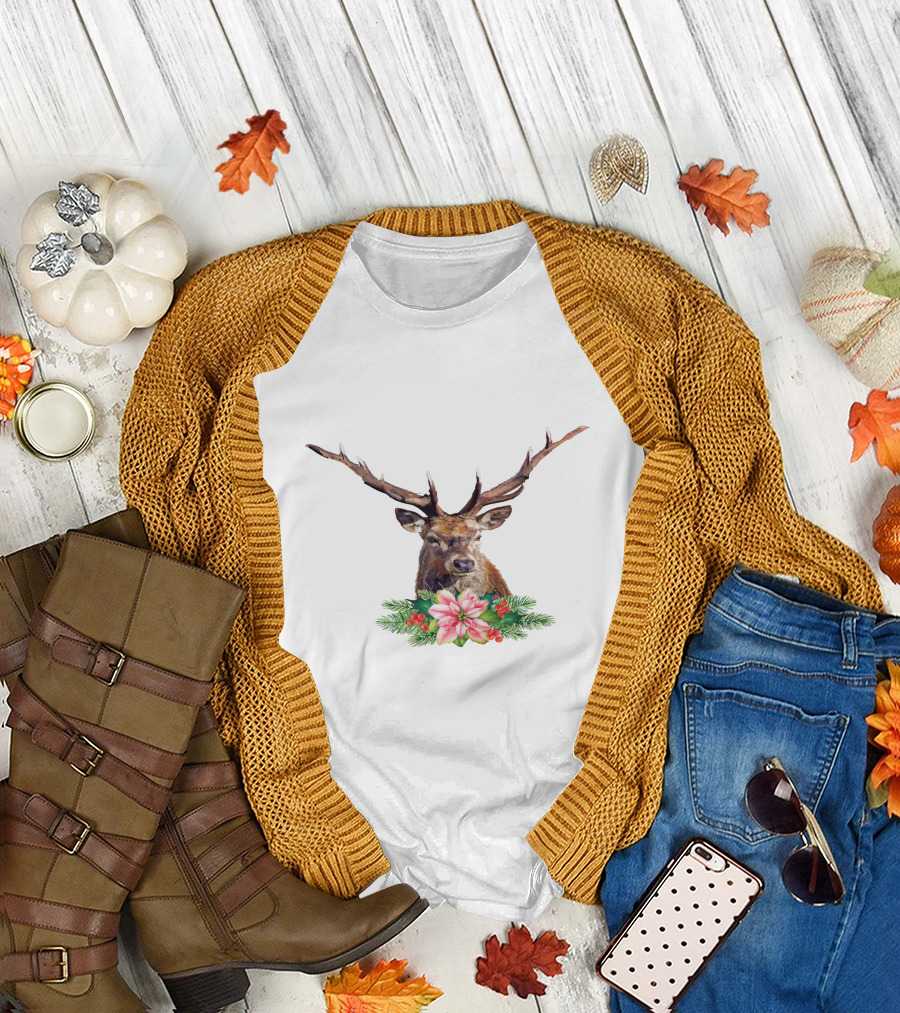Watercolor Christmas Reindeer With Poinsettia And Pine Branches T-Shirt