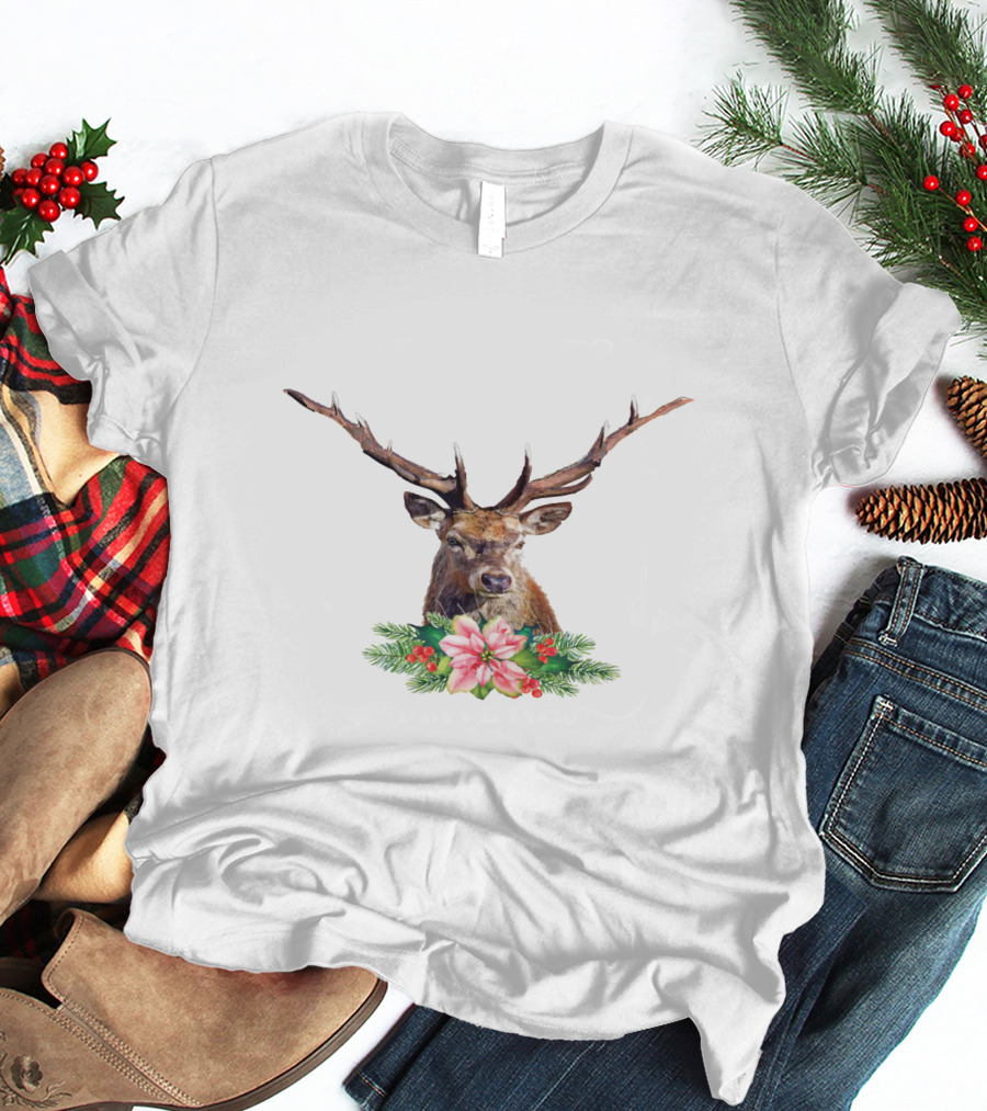 Watercolor Christmas Reindeer With Poinsettia And Pine Branches T-Shirt