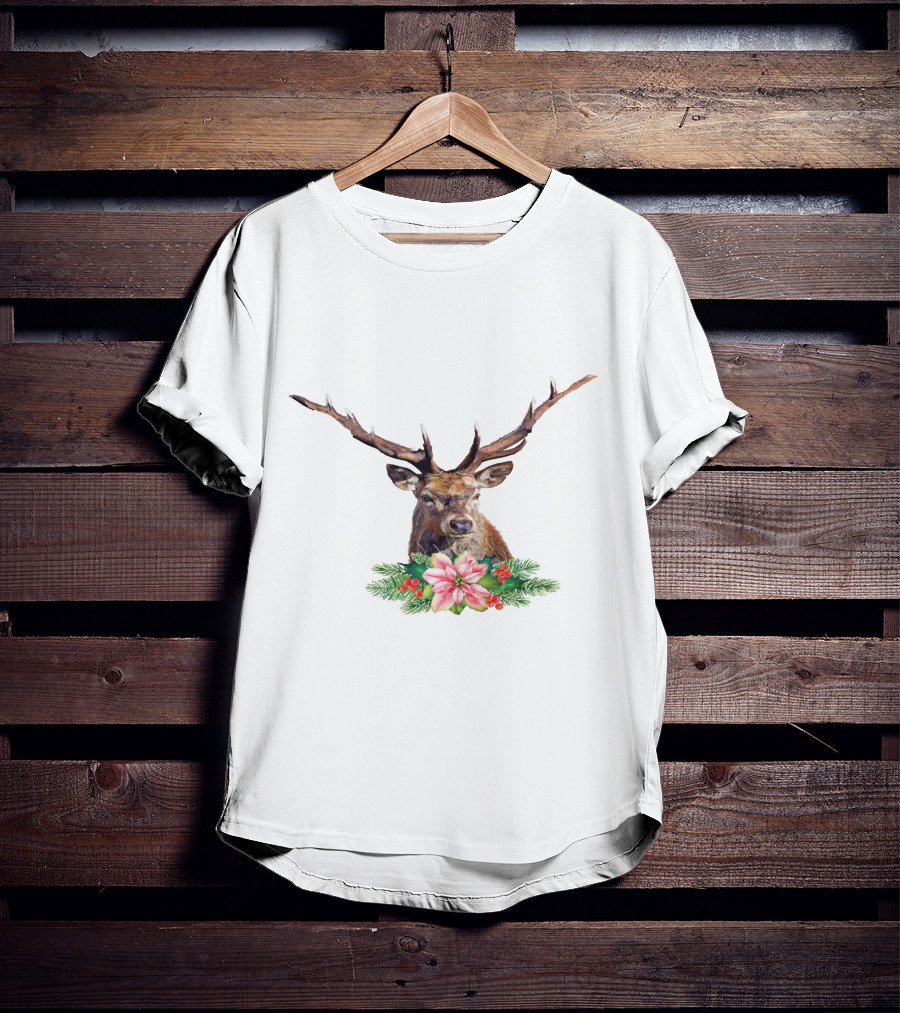 Watercolor Christmas Reindeer With Poinsettia And Pine Branches T-Shirt