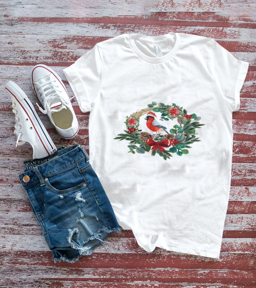 Watercolor Christmas Wreath With Bird And Holiday Decorations T-Shirt