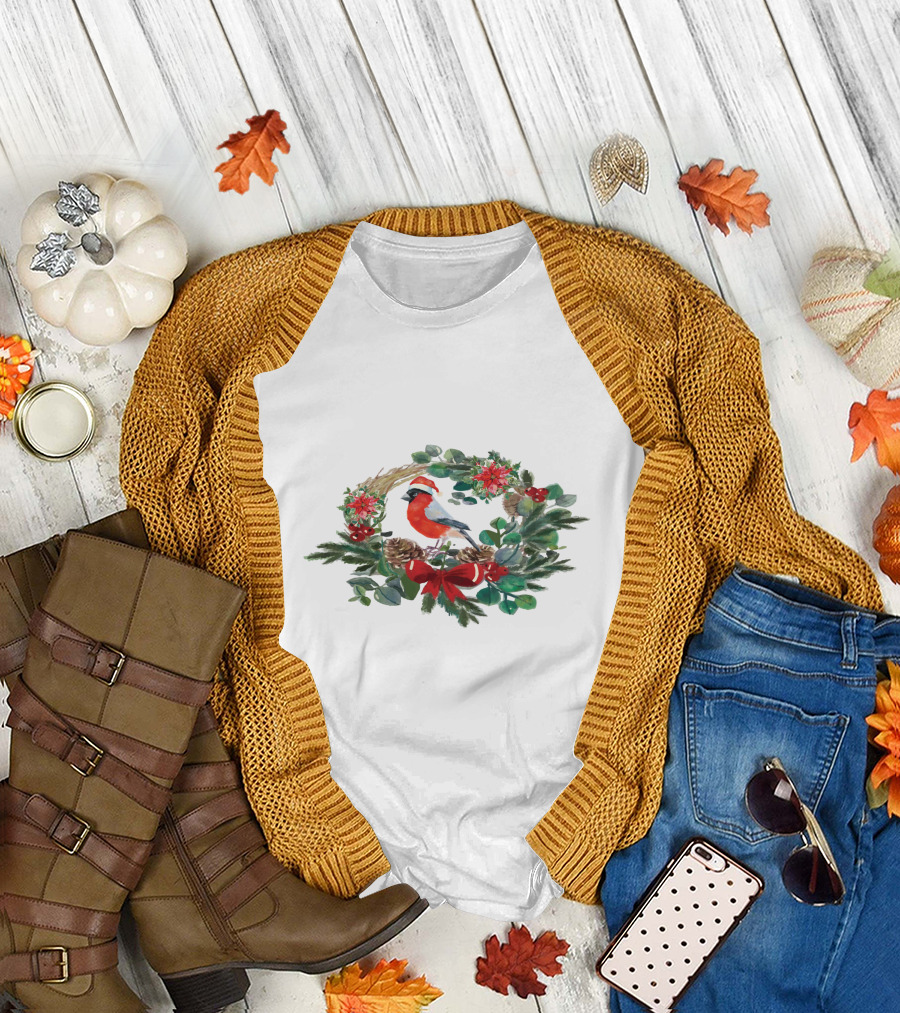 Watercolor Christmas Wreath With Bird And Holiday Decorations T-Shirt