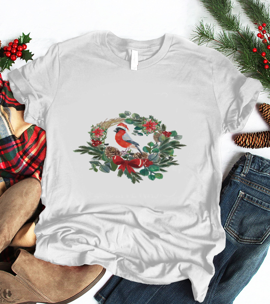 Watercolor Christmas Wreath With Bird And Holiday Decorations T-Shirt