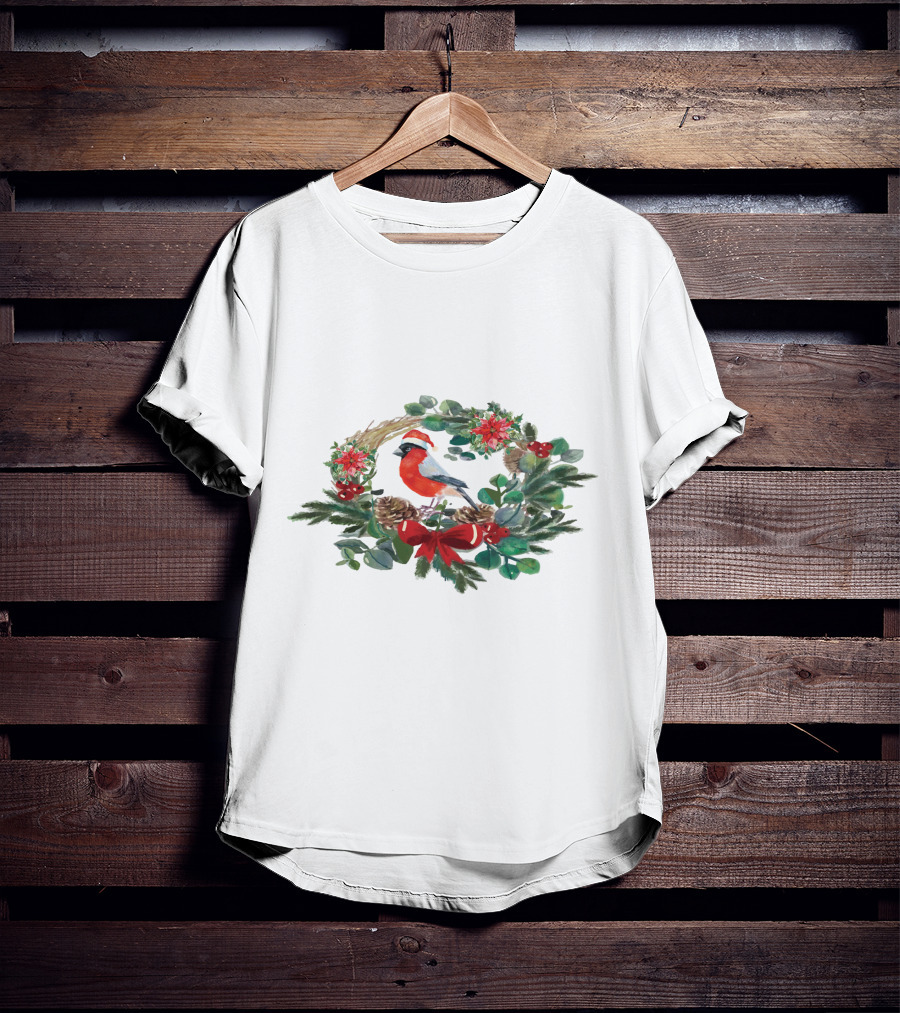 Watercolor Christmas Wreath With Bird And Holiday Decorations T-Shirt