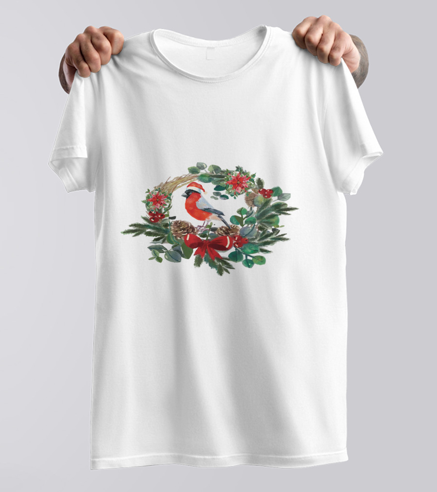 Watercolor Christmas Wreath With Bird And Holiday Decorations T-Shirt