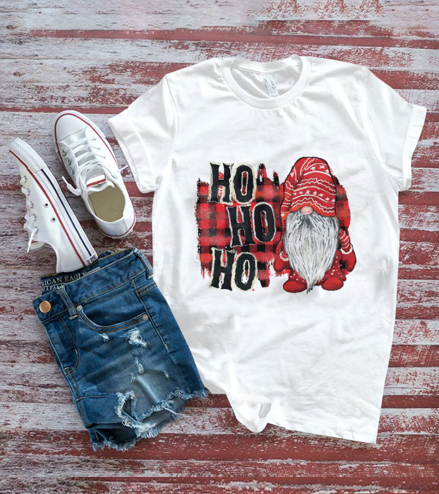Watercolor Plaid Christmas Gnome Ho Ho Ho Red Holiday T-Shirt