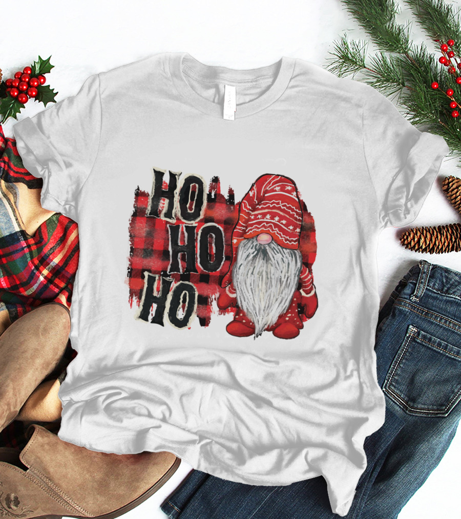 Watercolor Plaid Christmas Gnome Ho Ho Ho Red Holiday T-Shirt
