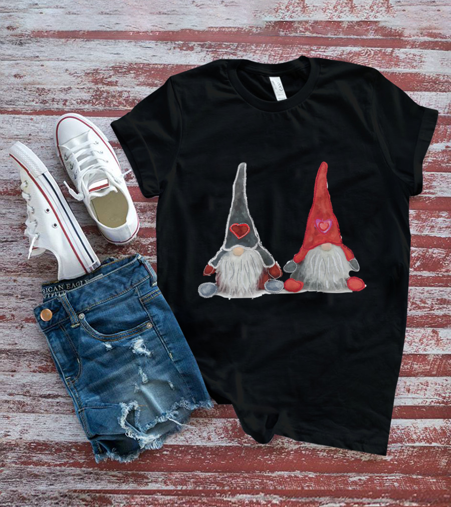 Watercolor Christmas Gnomes With Hearts T-Shirt
