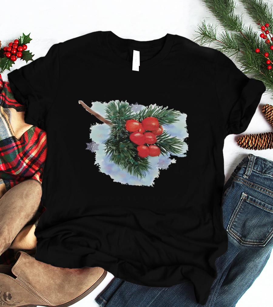 Watercolor Holiday Christmas Holly Berries Branch Pine Needles T-Shirt