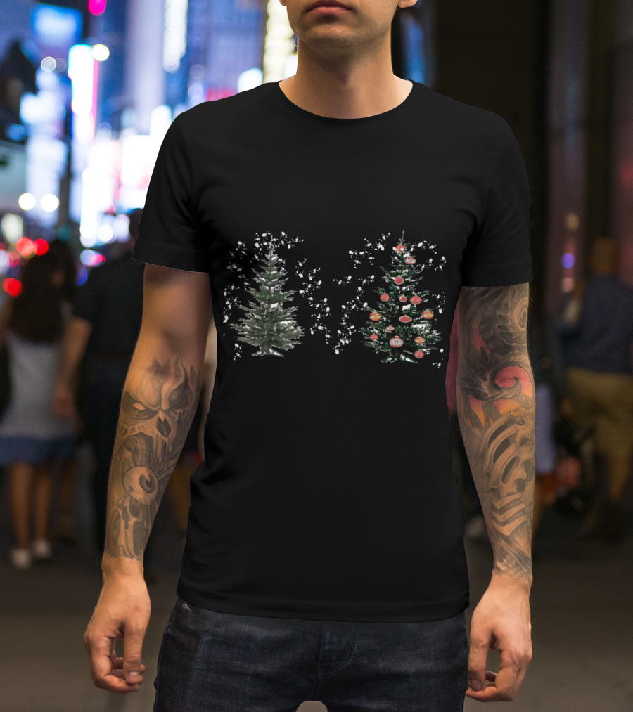 Watercolor Christmas Trees Snowy Evergreen With Red Ornaments T-Shirt