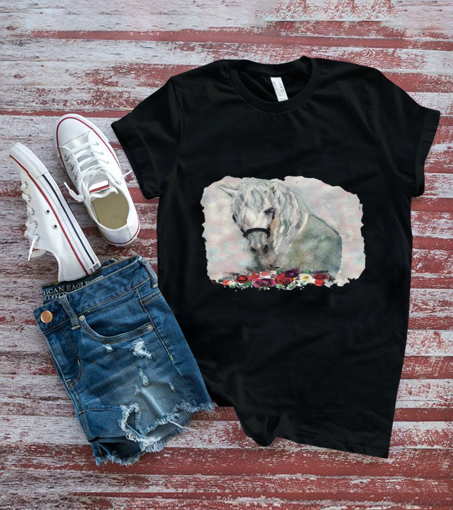 Watercolor White Horse With Floral Accents T-Shirt