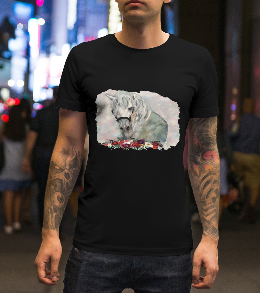 Watercolor White Horse With Floral Accents T-Shirt