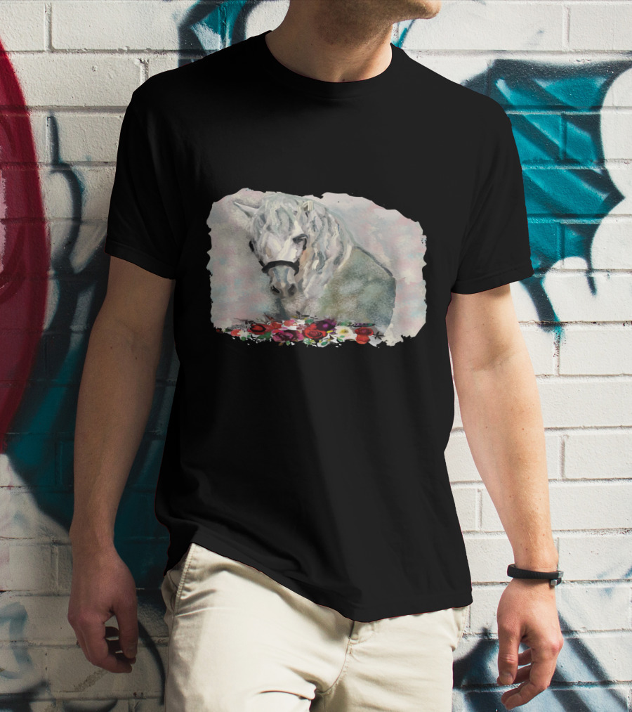 Watercolor White Horse With Floral Accents T-Shirt