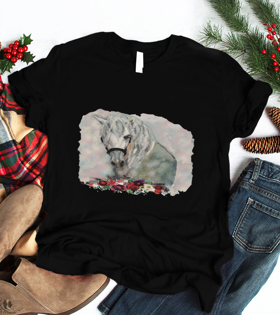 Watercolor White Horse With Floral Accents T-Shirt