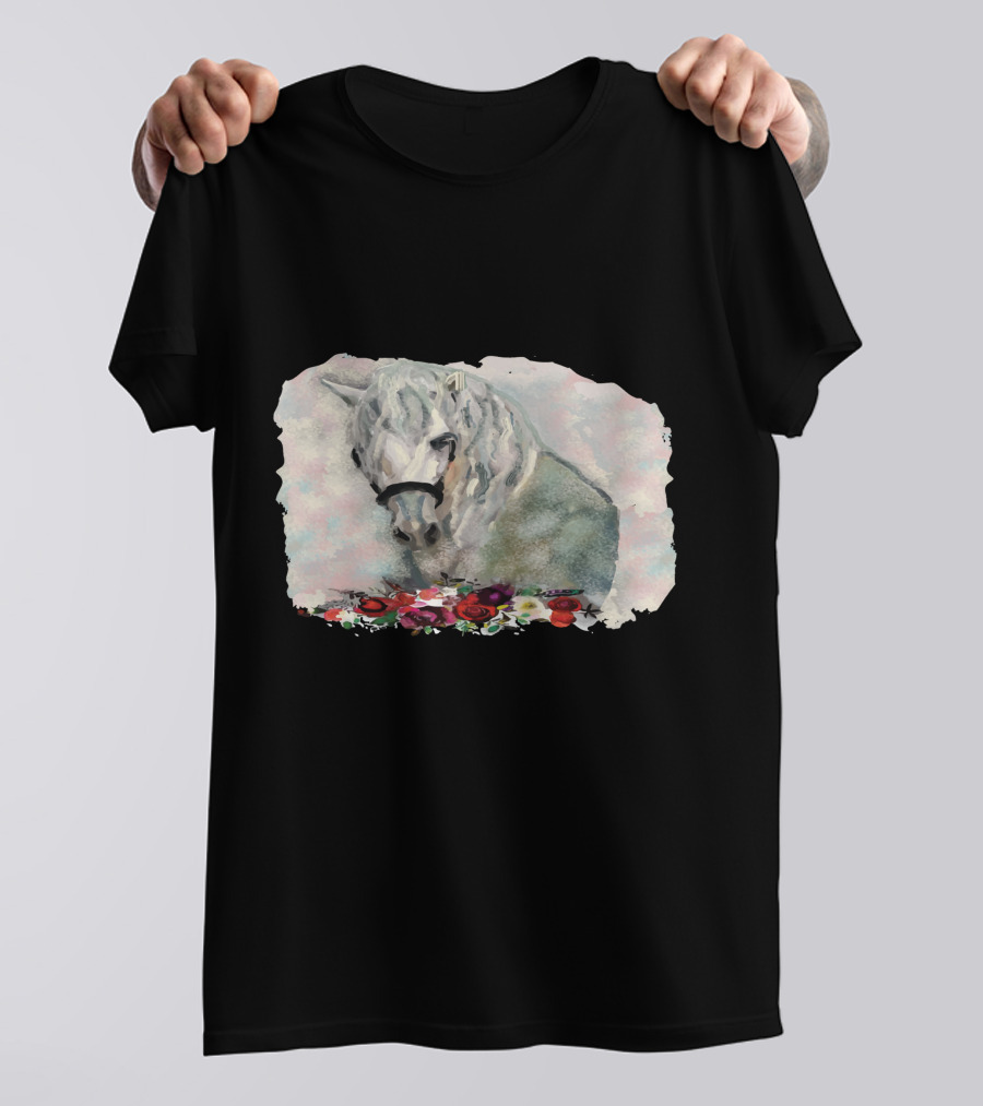 Watercolor White Horse With Floral Accents T-Shirt