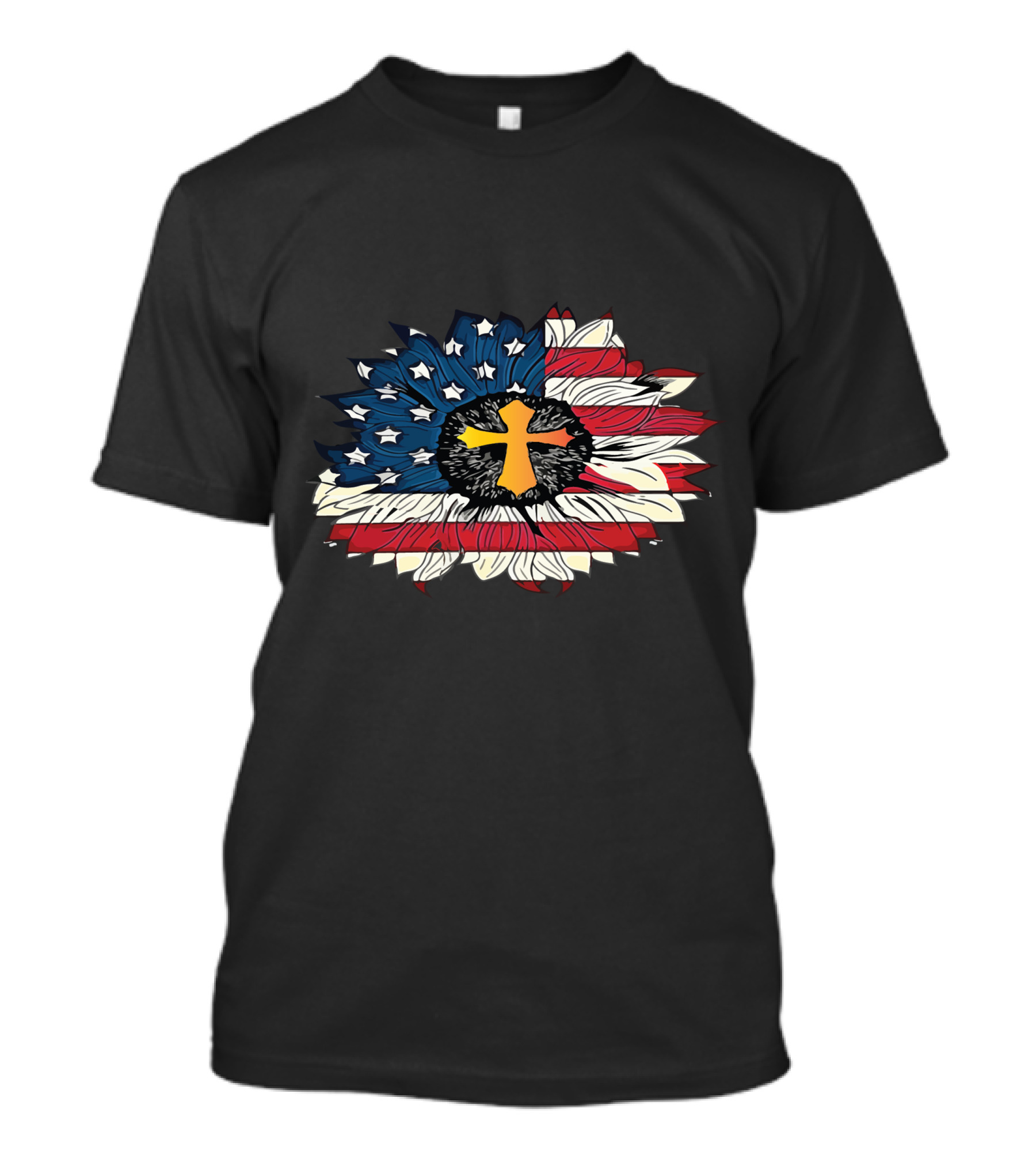 American Flag Cross Floral Design Sunflower Center T-Shirt