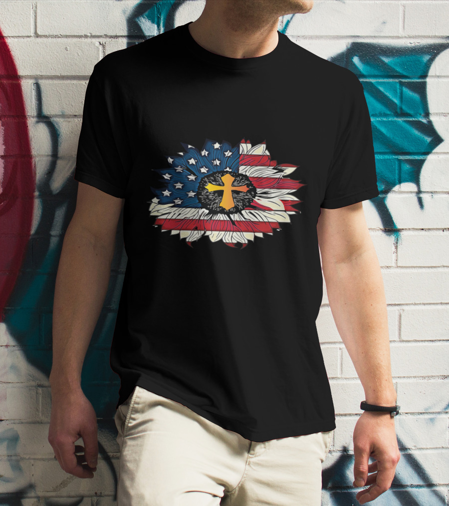 American Flag Cross Floral Design Sunflower Center T-Shirt