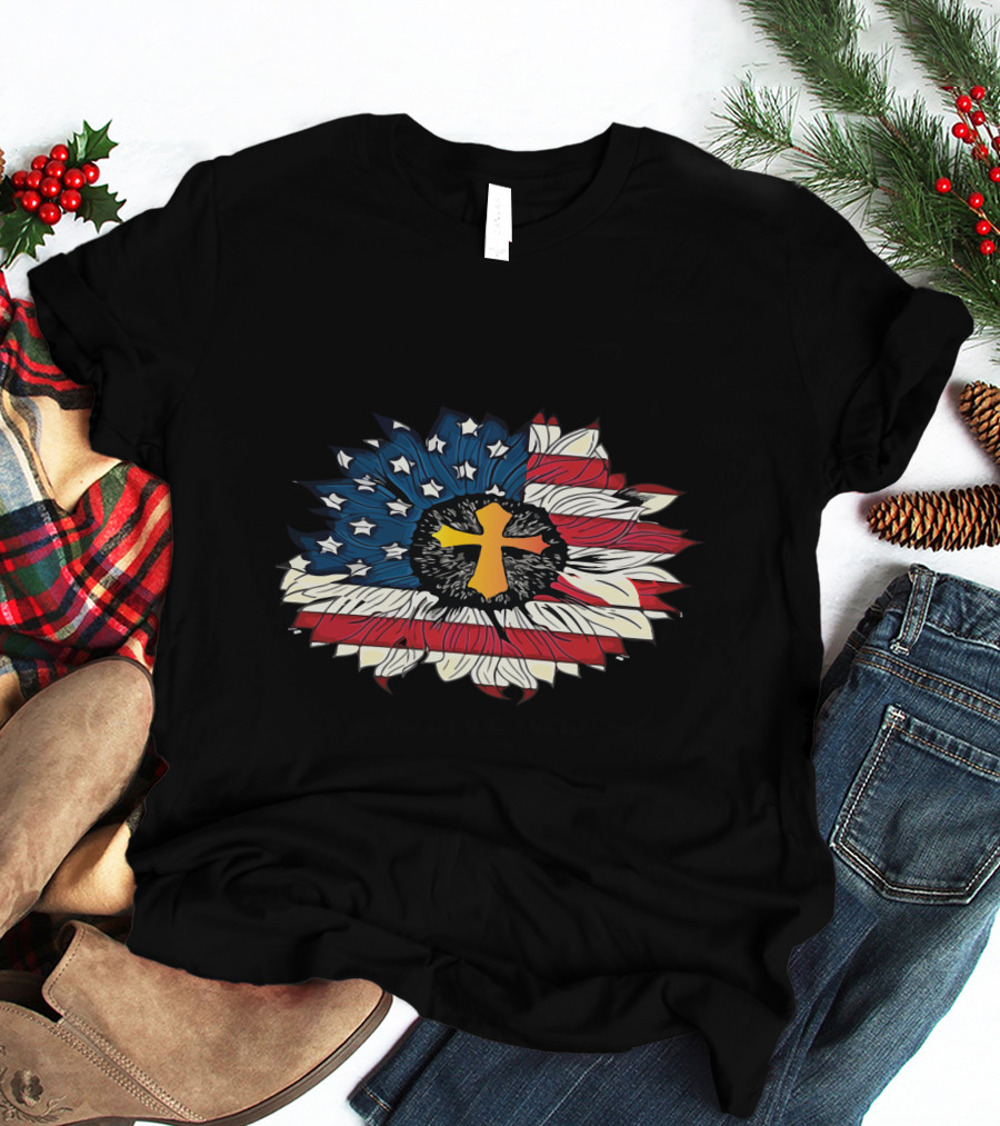American Flag Cross Floral Design Sunflower Center T-Shirt