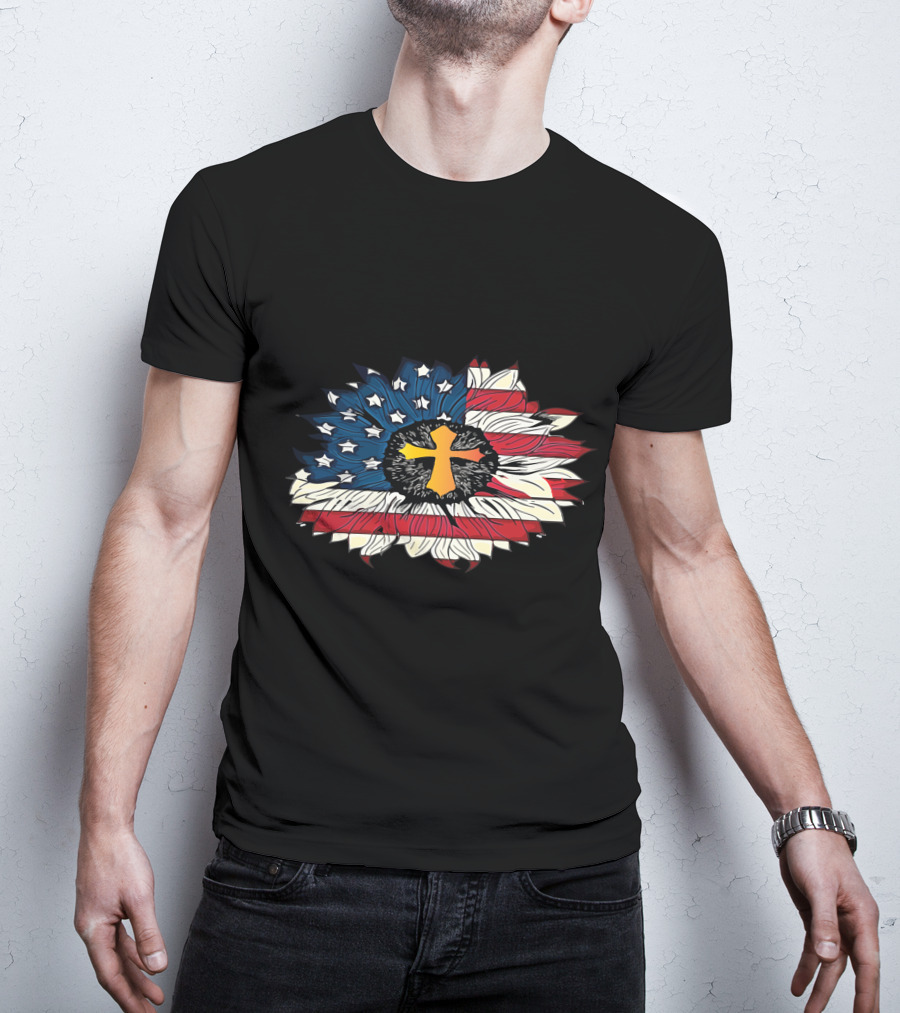 American Flag Cross Floral Design Sunflower Center T-Shirt