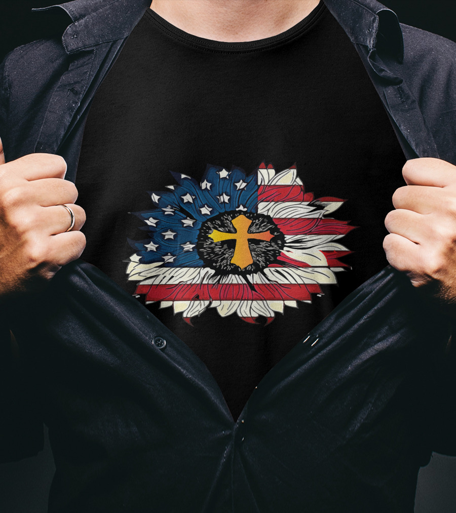 American Flag Cross Floral Design Sunflower Center T-Shirt