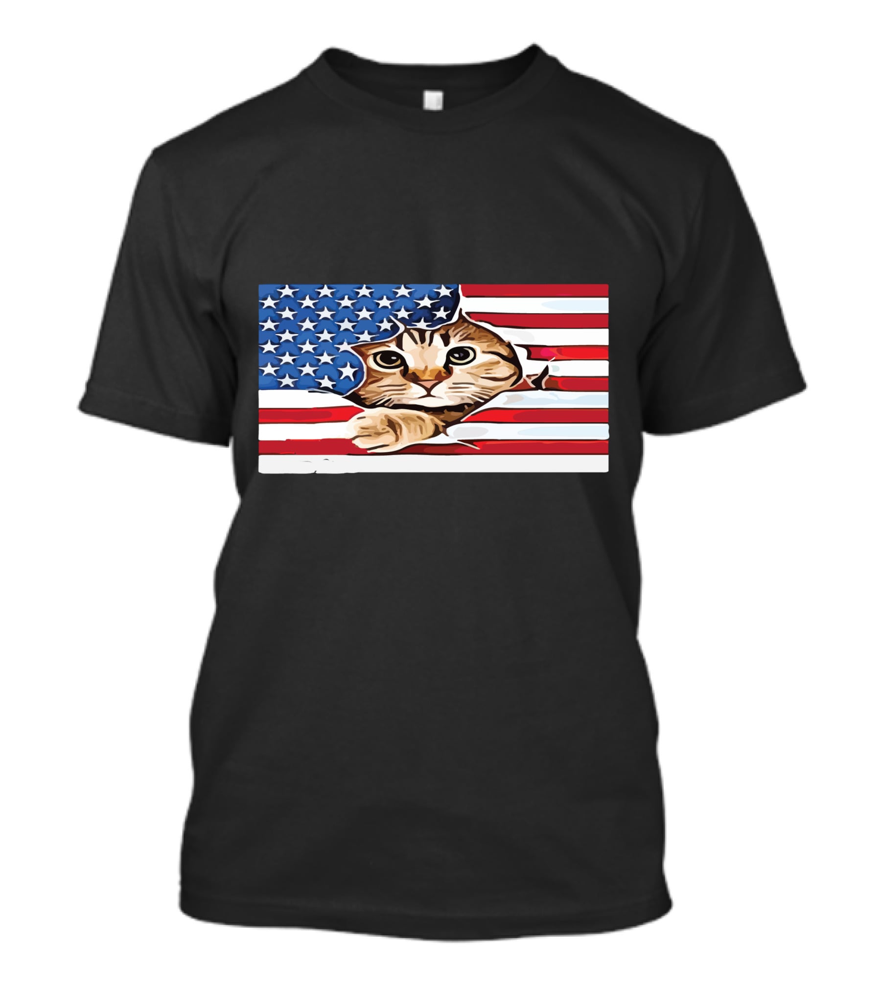 Cat Peeking Through American Flag T-Shirt