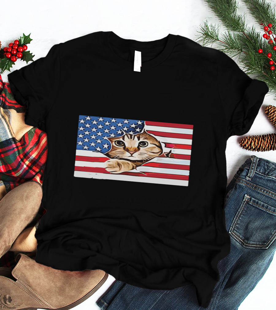 Cat Peeking Through American Flag T-Shirt